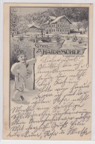 909784 Ak Gruss von der Haidemühle b. Langebrück Dresden mit Schneemann 1900