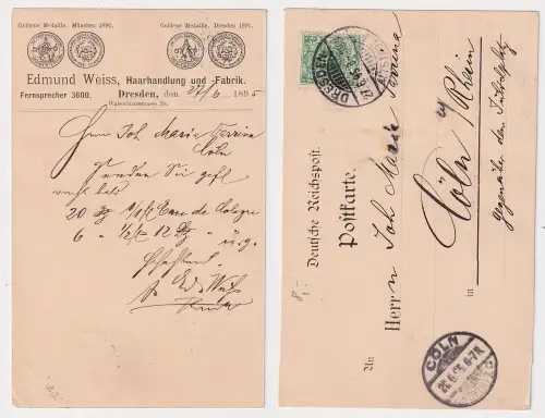 909950 Postkarte Geschäftspost Edmund Weiss Haarhandlung und Fabrik Dresden 1895