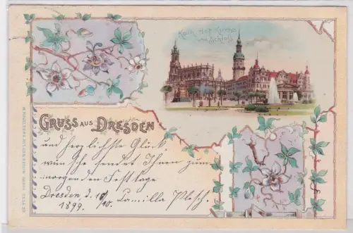 909945 Ak Lithografie Gruss aus Dresden Kath. Hof-Kirche und Schloss 1899