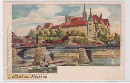 909959 AK Gruss aus Meissen - Schloss davor Brücke mit Dampfer Meissen 1902
