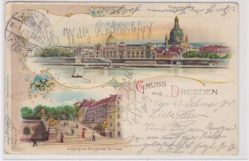 909786 Ak Lithografie Gruss aus Dresden Kunstakademie u. Brühlsche Terrasse 1900
