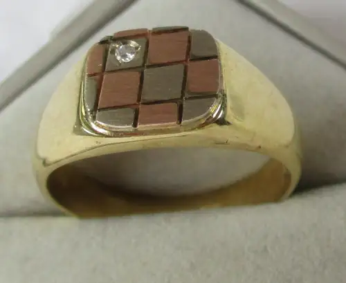 hochwertiger 585er Gold Ring Siegelring mit Bicolor Schachbrettmuster (143885)