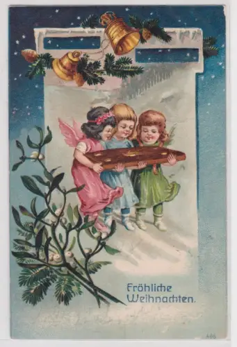 90684 Ak Fröhliches Weihnachten: kleine Engel mit großem Lebkuchen 1905