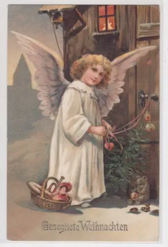 19711 AK Gesegnete Weihnachten! Engel bindet Geschenke an die Türklinke