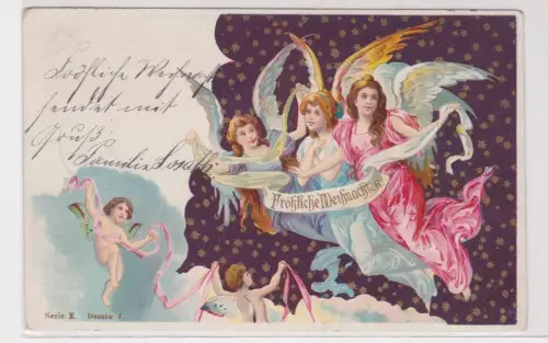39423 AK Fröhliche Weihnachten! 3 Engel mit Spruchband 1902
