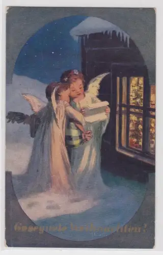 53011 Ak gesegnete Weihnachten: 8 Engel singen vor erleuchtetem Fenster um 1920