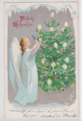 28089 AK Fröhliche Weihnachten. Engel schmückt Tannenbaum 1904