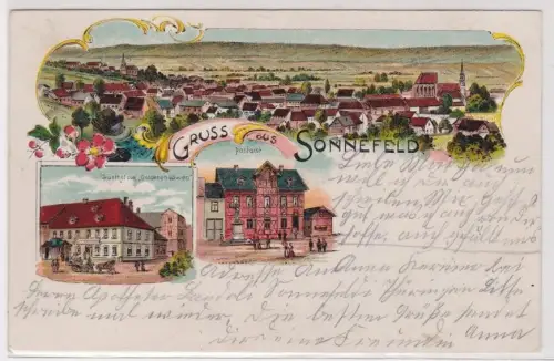 17307 Ak Lithographie Gruß aus Sonnefeld Gasthof, Postamt usw. 1905