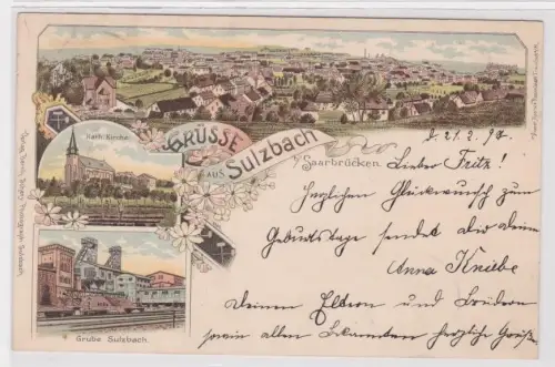 49225 Ak Lithographie Gruß aus Sulzbach bei Saarbrücken Grube usw. 1897