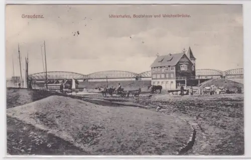 28250 Feldpost Ak Graudenz Grudziądz Winterhafen, Bootshaus, Weichselbrücke 1915
