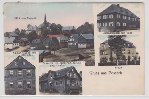 71385 Mehrbild Ak Gruss aus Posseck Gasthof, Schneiderei, Schule usw. 1911