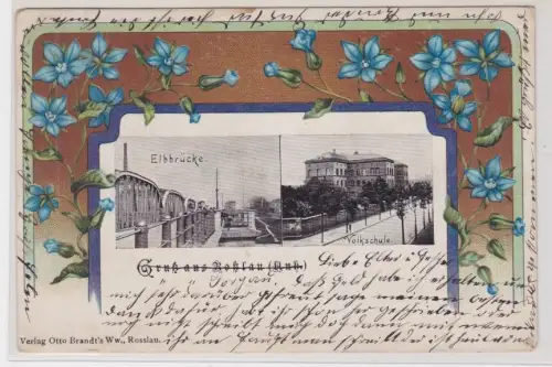 46059 Jugendstil Ak Gruß aus Rosslau Elbbrücke, Volksschule 1903