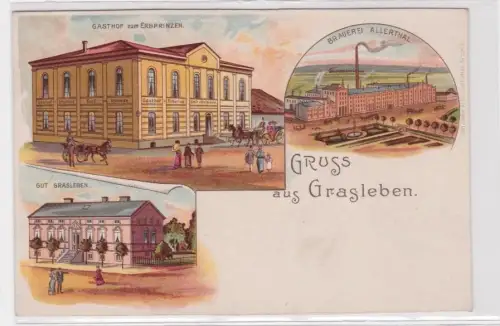 15790 Ak Lithographie Gruß aus Grasleben Gastho zum Erprinzen, Brauerei, Gut