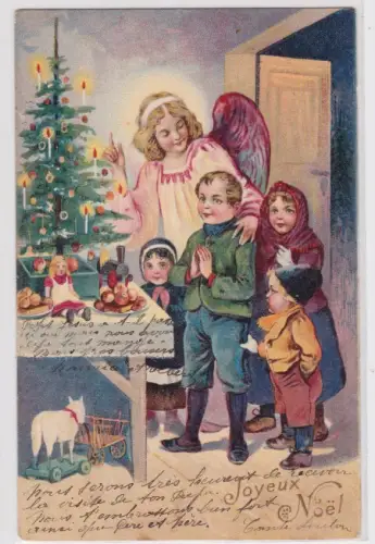 68964 Künstler AK Joyeux Noël -Kinder beten vor Weihnachtsbaum mit Engel 1907
