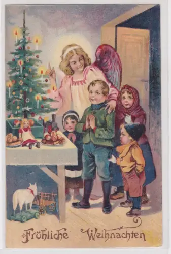 73048 Künstler AK Fröhliche Weihnachten, Engel zeigt Kindern den Weihnachtsbaum
