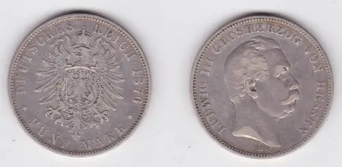 5 Mark Silber Münze Hessen Großherzog Ludwig III 1876 f.ss (106159)