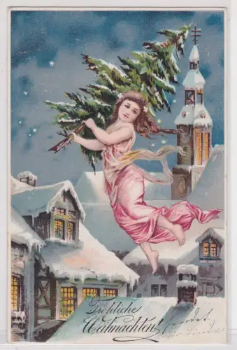63325 AK Fröhliche Weihnachten! Engel trägt verschneiten Tannenbaum 1906