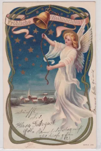 35301 AK Fröhliche Weihnachten! Engel läutet Glocke vor Winterlandschaft 1902
