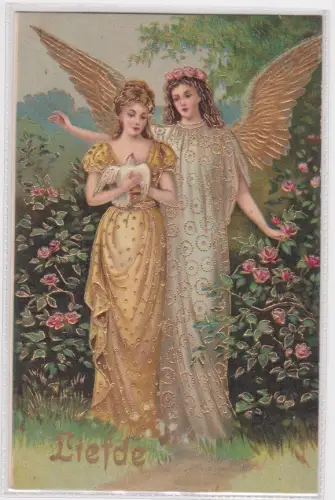 68085 Präge AK Liefde - Engel bschützt Dame mit Taube, Goldveredelung