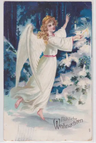 13834 Präge AK Fröhliche Weihnachten! Engel zündet Kerze auf dem Tannenbaum 1906