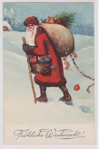 907201 Künstler AK Fröhliche Weihnachten, Weihnachtsmann mit Geschenksack