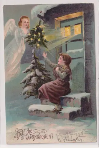 45570 geprägte Ak Fröhliche Weihnachten - Engel und Kind an der Haustür 1906