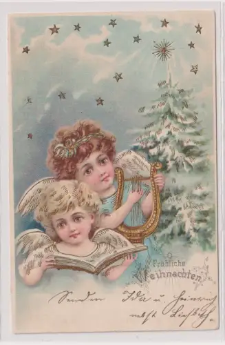 92490 geprägte Ak Fröhliche Weihnachten - 2 Engel mit Leier und Gesangbuch 1902