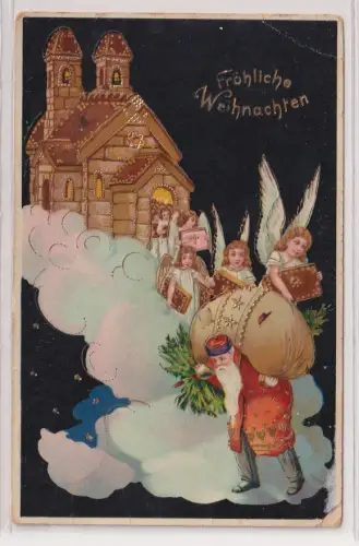 60028 geprägte Ak Fröhliche Weihnachten - Ruprecht und Engel vor Kirche 1912