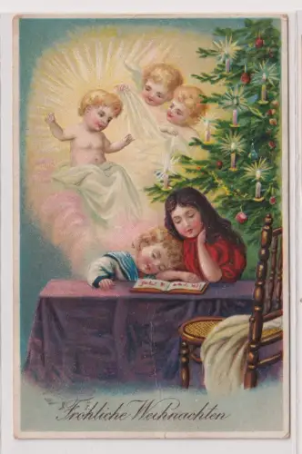 62244 geprägte Ak Fröhliche Weihnachten - Engel wachen über lesende Kinder 1913