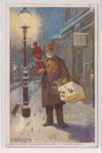 41684 Künstler Ak Weihnachten - Postbote mit Paket, begleitet von Krampus 1901