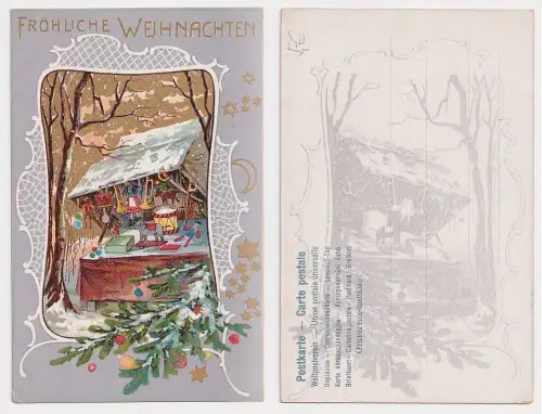45102 Ak Fröhliche Weihnachten - Marktstand mit Spielzeug + Tannenschmuck um1900