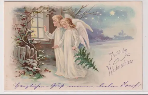 901442 Ak Fröhliche Weihnachten - 2 Engel vor beleuchtetem Fenster 1905