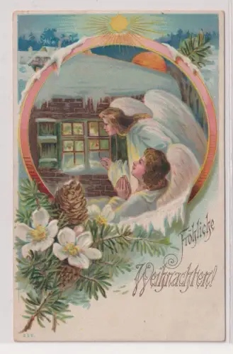 46923 geprägte Ak Fröhliche Weihnachten - 2 Engel und Weihnachtsschmuck um 1900
