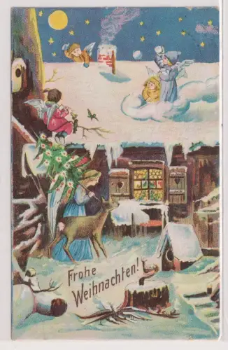 59420 geprägte Ak Frohe Weihnachten - verschneite Szene mit Engeln 1911
