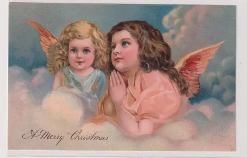 908260 geprägte Ak A Merry Christmas -  2 Engel auf einer Wolke um 1910