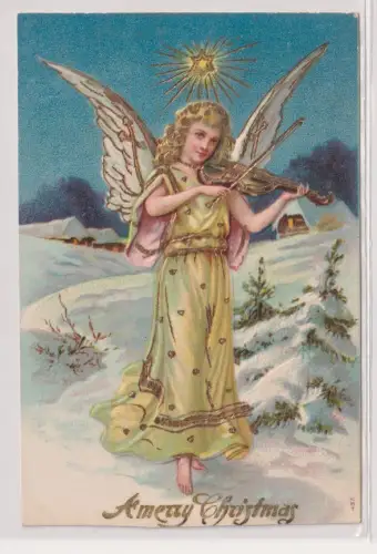 910341 geprägte Ak A Merry Christmas -  Engel spielt Violine im Schnee 1906