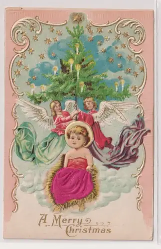 99030 geprägte Ak A Merry Christmas -  Engel an Jesus-Krippe um  1905