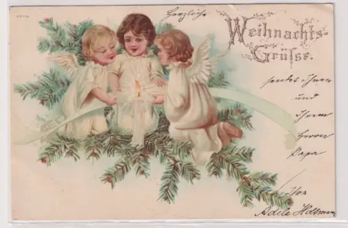 82128 Ak Weihnachts-Grüsse - 3 Engel mit Kerze auf Tannengrün 1900