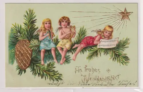 14629 geprägte Ak Ein frohes Weihnachtsfest - 3 Engel musizieren 1905