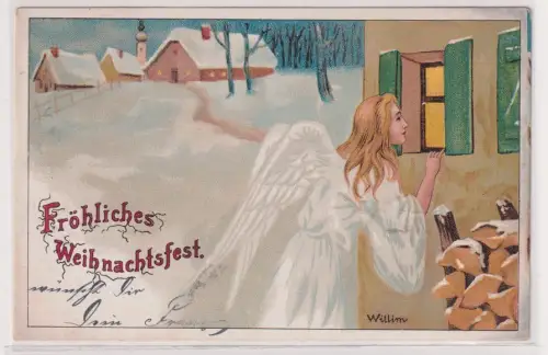 907852 Ak Fröhliches Weihnachtsfest - Engel schaut durchs Fenster 1903
