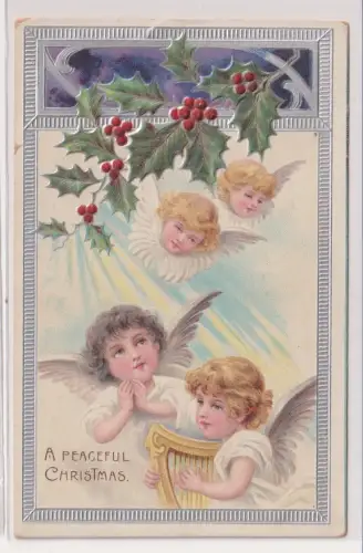 60142 geprägte Ak A peaceful Christmas - 4 Engel und Stechpalmenzweig 1907