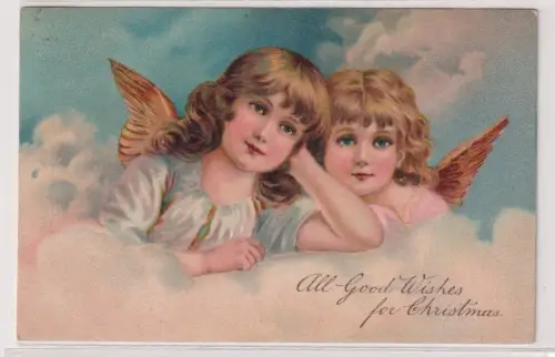 56318 geprägte Ak All Good Wishes for Christmas - 2 Engel auf einer Wolke 1908