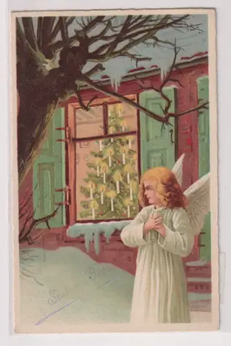 68530 Ak Weihnachten - Engel vor beleuchtetem Fenster um 1920