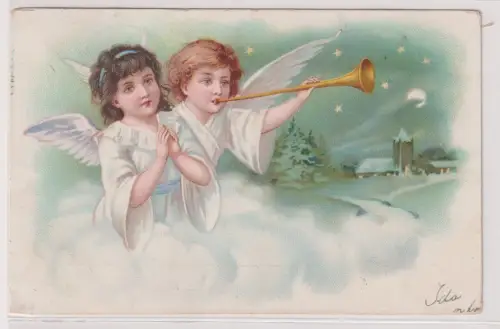 81727 Ak Weihnachten - 2 Engel im Himmel mit Horn 1903