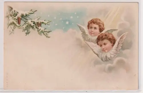 68834 Künstler Ak Weihnachten 2 Engel mit verschneiter Tanne um 1900