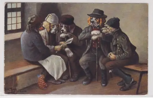 909338 Arthur Thiele Künstler Ak vermenschlichte Hunde "Die Dorfpolitike" um1910