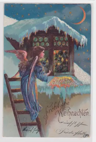 09950 AK Fröhliche Weihnachten - Engel auf Leiter schaut in Fenster rein 1905