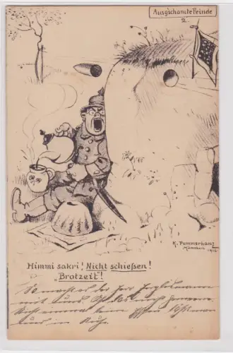 909437 Militär Satire AK Himmi sakri! Nicht schießen! Brotzeit! Feldpost 1916