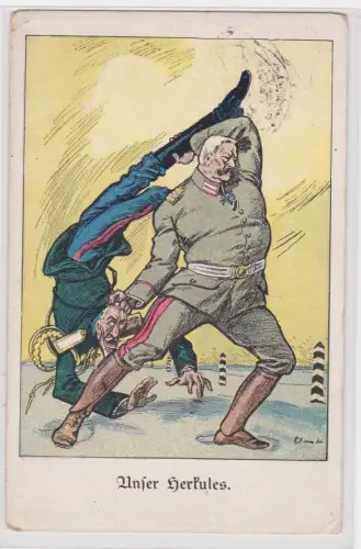 909440 Feldpost Satire AK Unser Herkules, Hindenburg verhaut Russen 1915