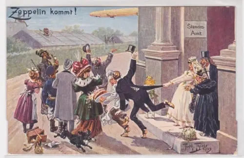 909198 Arthur Thiele AK Zeppelin kommt! Mann flieht vom Standesamt